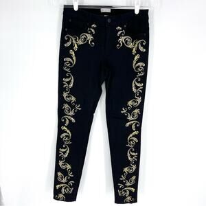 Bisou Bisou Michele Bohbot Womens Skinny Jeans Black with Gold Embroidery Size 4